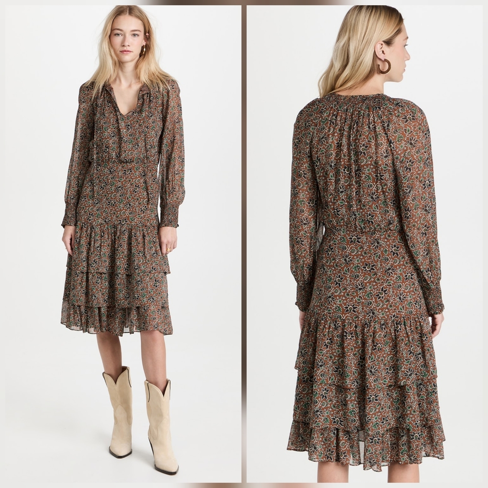 Veronica Beard Dress Womens 4 Brown Floral Paisley Tunis Tiered Boho Cottagecore
